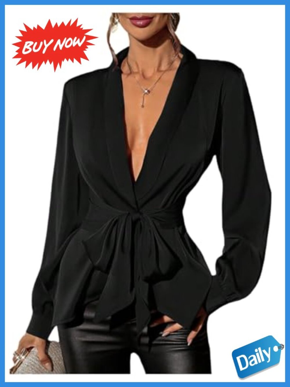 Satin Dressy Blouse Long Sleeve Tie Front Peplum Going Out Top